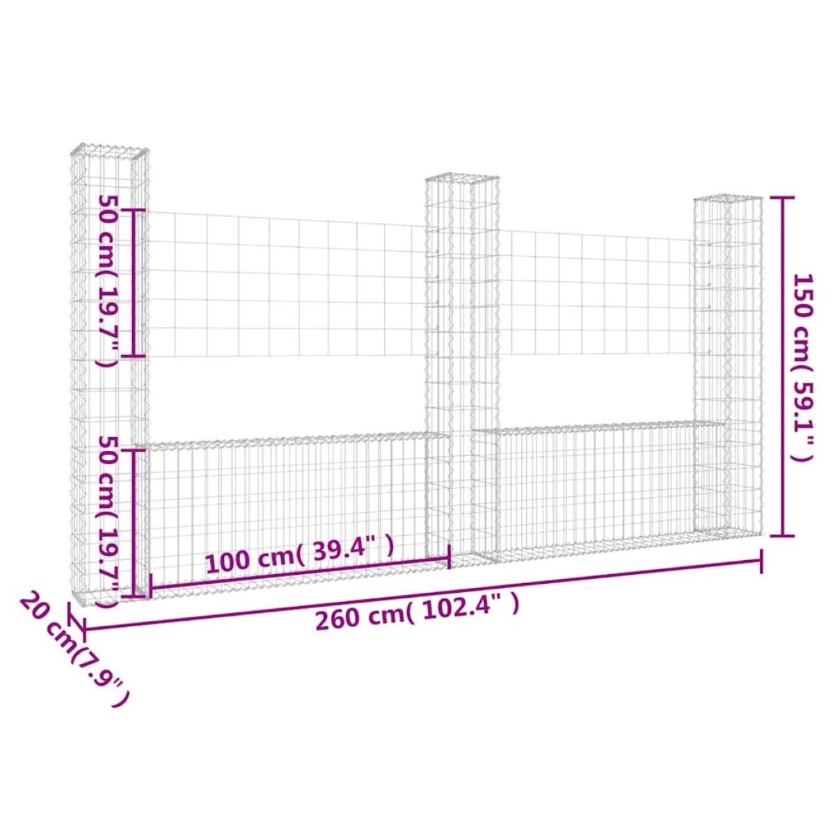 vidaXL Συρματοκιβώτια Στύλοι σε U Σχήμα 3 τεμ. 260x20x150 εκ Σιδερένια
