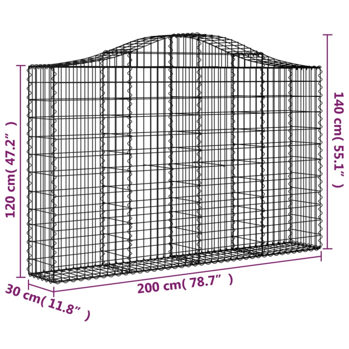 vidaXL Συρματοκιβώτιο Τοξωτό 200x30x120/140εκ. από Γαλβανισμένο Χάλυβα