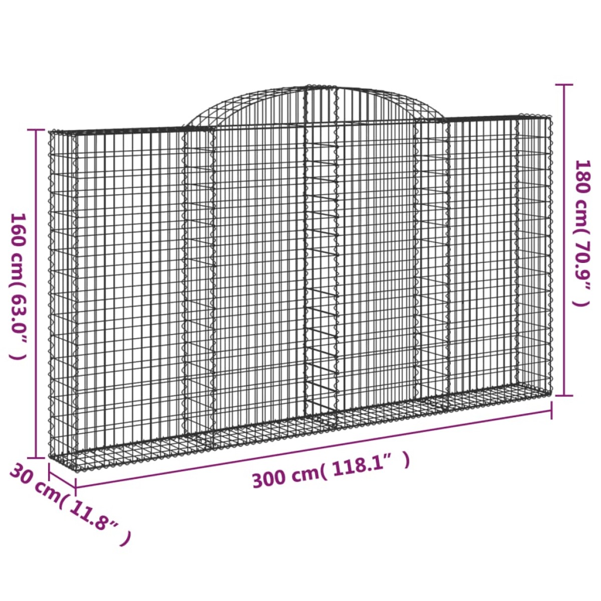 vidaXL Συρματοκιβώτιο Τοξωτό 300x30x160/180εκ. από Γαλβανισμένο Χάλυβα
