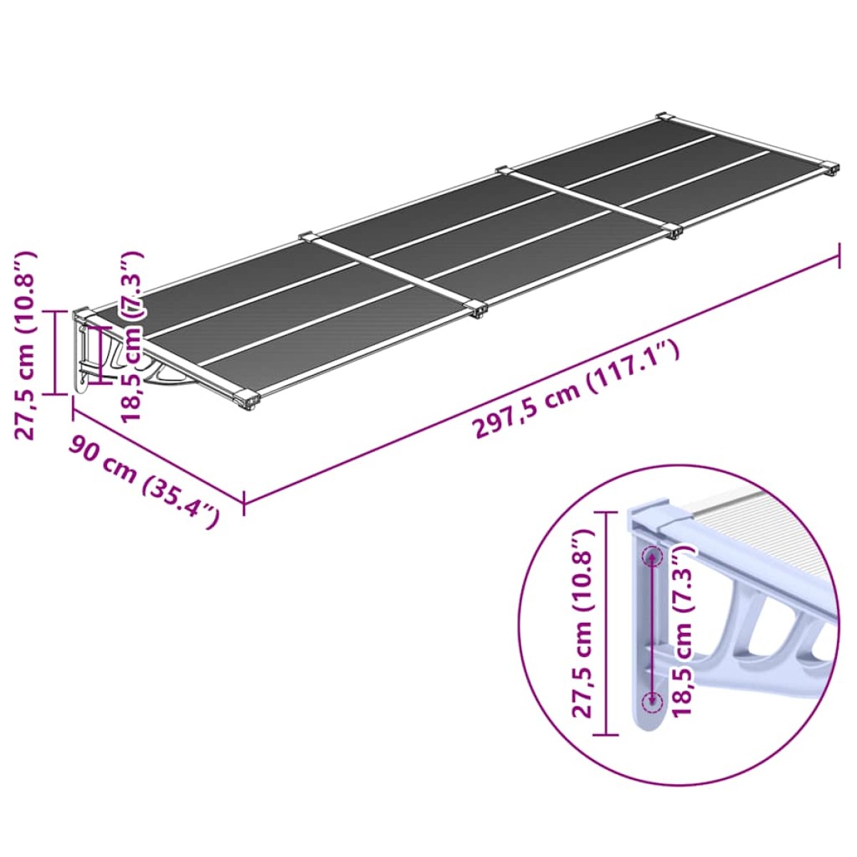 vidaXL Στέγαστρο Πόρτας Γκρι & Διαφανές 297,5x90 εκ από Πολυκαρβονικό