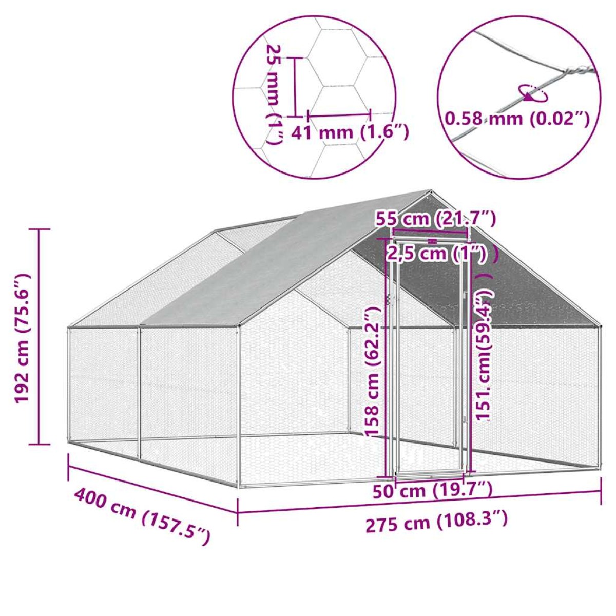 vidaXL Κοτέτσι - Κλουβί Εξωτ.Χώρου 2,75x4x1,92 μ. από Γαλβανισμένο Χάλυβα