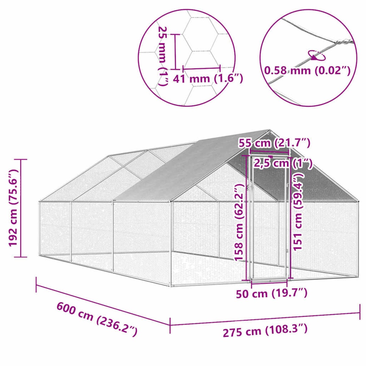 vidaXL Κοτέτσι - Κλουβί Εξωτ.Χώρου 2,75x6x1,92 μ. από Γαλβανισμένο Χάλυβα