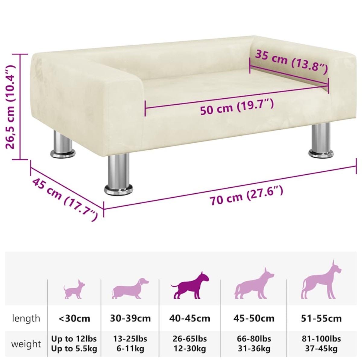 vidaXL Κρεβάτι Σκύλου Κρεμ 70 x 45 x 26,5 εκ. Βελούδινο