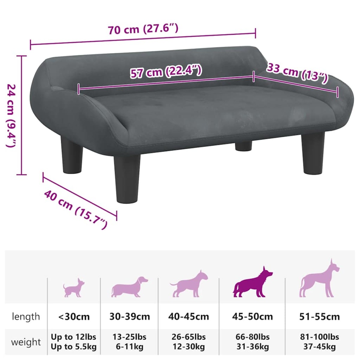 vidaXL Κρεβάτι Σκύλου Σκούρο Γκρι 70 x 40 x 24 εκ. Βελούδινο