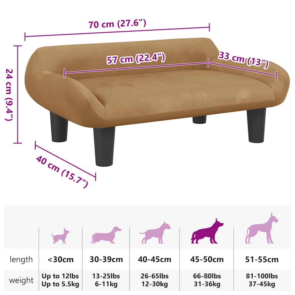 vidaXL Κρεβάτι Σκύλου Καφέ 70 x 40 x 24 εκ. Βελούδινο