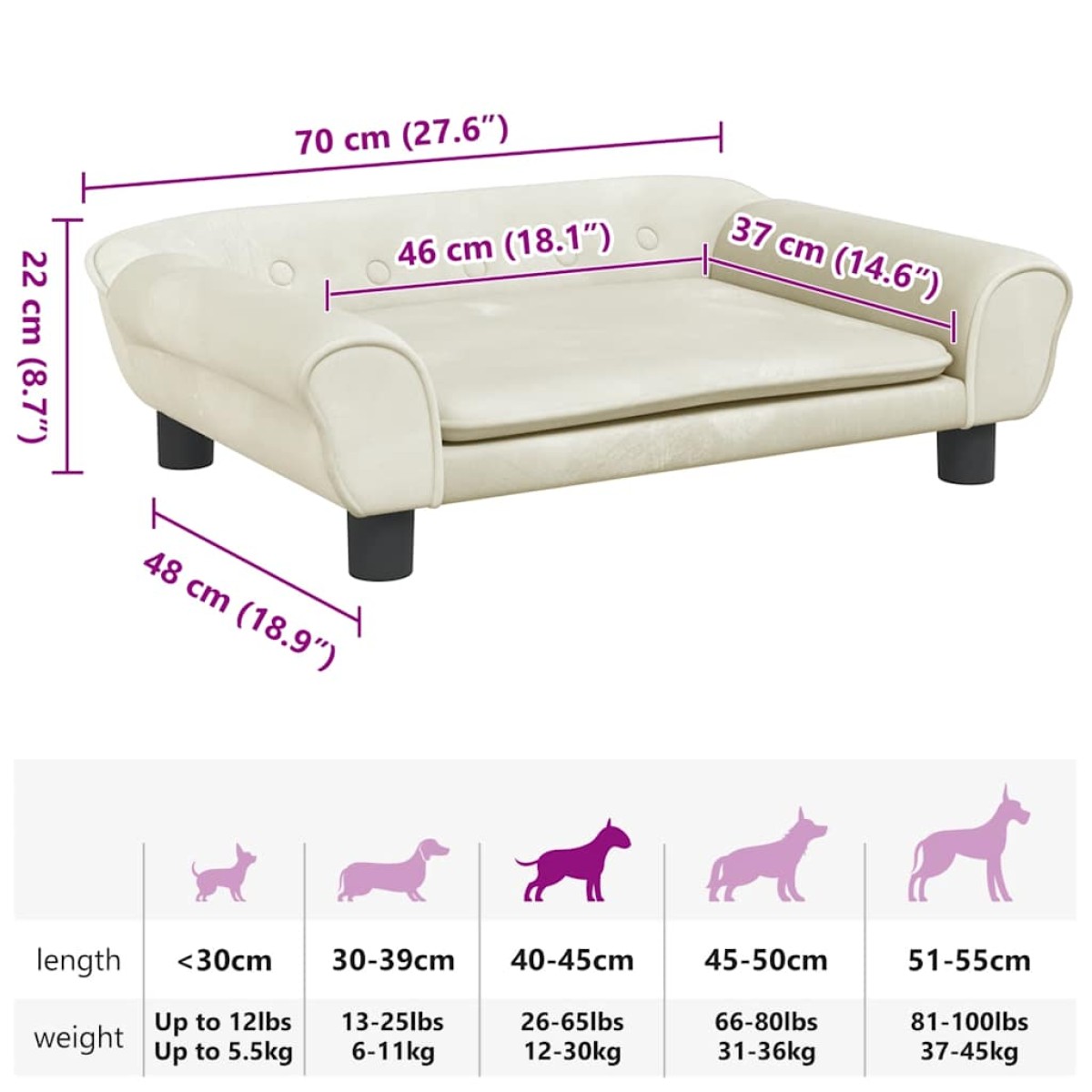 vidaXL Κρεβάτι Σκύλου Κρεμ 70 x 48 x 22 εκ. Βελούδινο