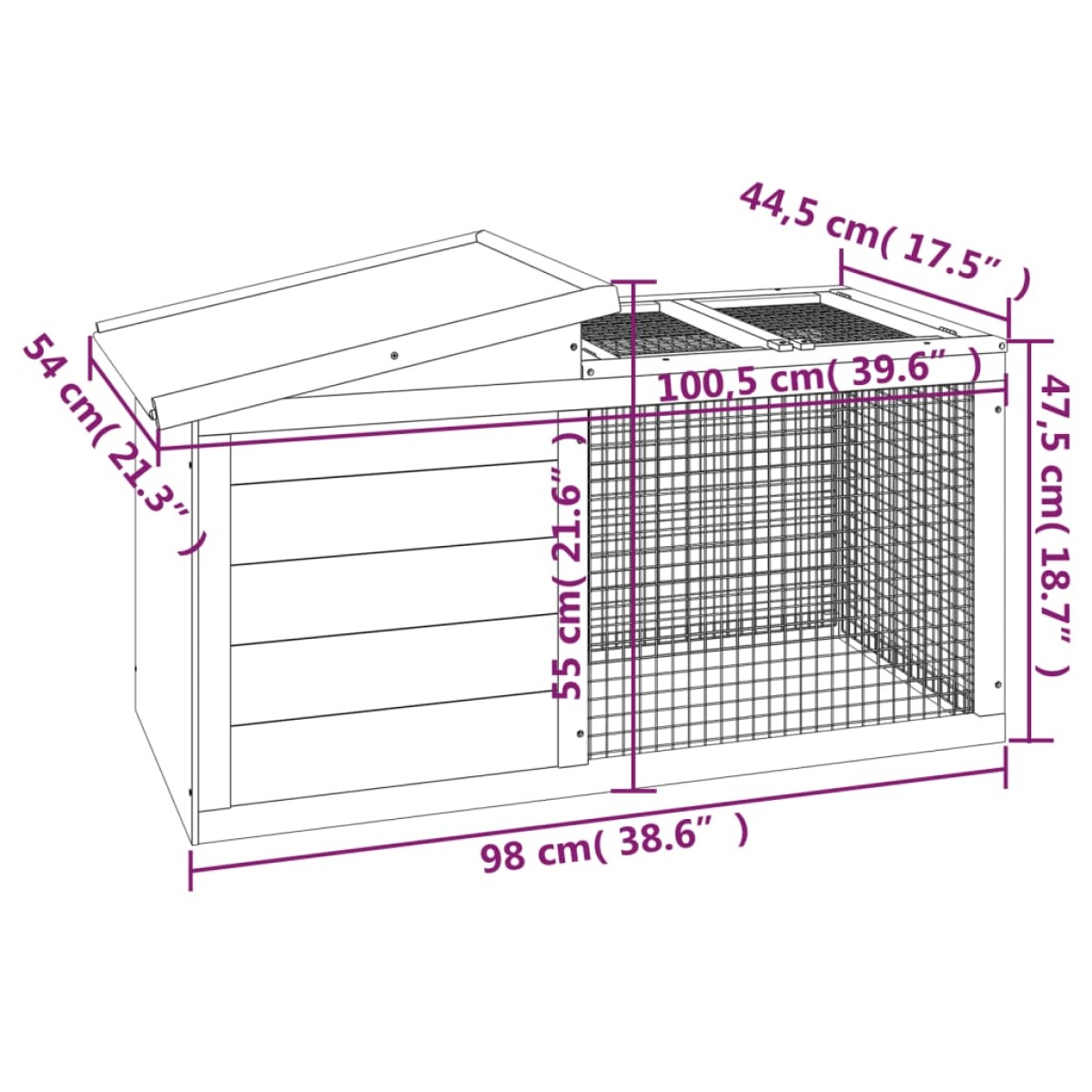 vidaXL Κλουβί Κουνελιών Γκρι 100,5 x 54 x 55 εκ. Μασίφ Ξύλο Πεύκου