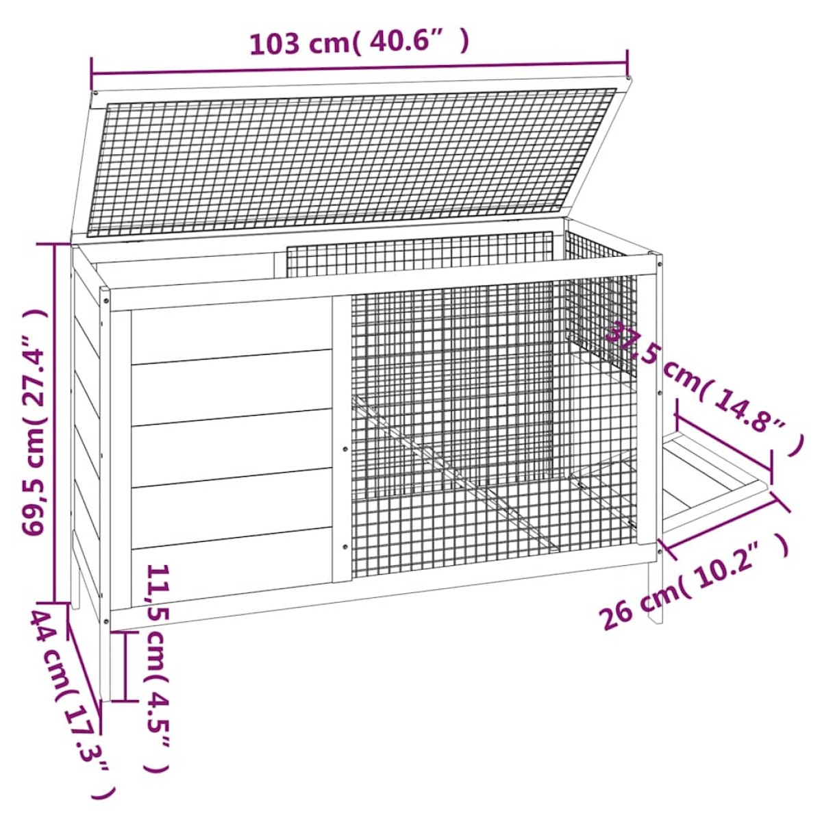 vidaXL Κλουβί Κουνελιών Γκρι 103 x 44 x 69,5 εκ. Μασίφ Ξύλο Πεύκου