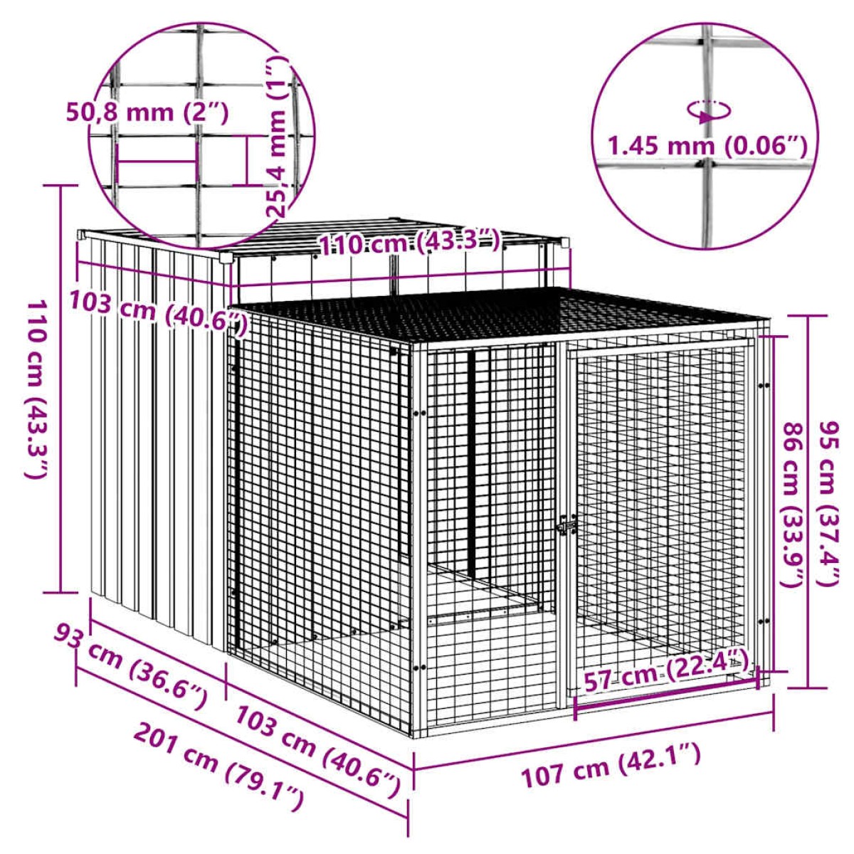 vidaXL Κλουβί για Κότες με Αυλή Αν. Γκρι 110x201x110εκ Γαλβαν. Χάλυβας