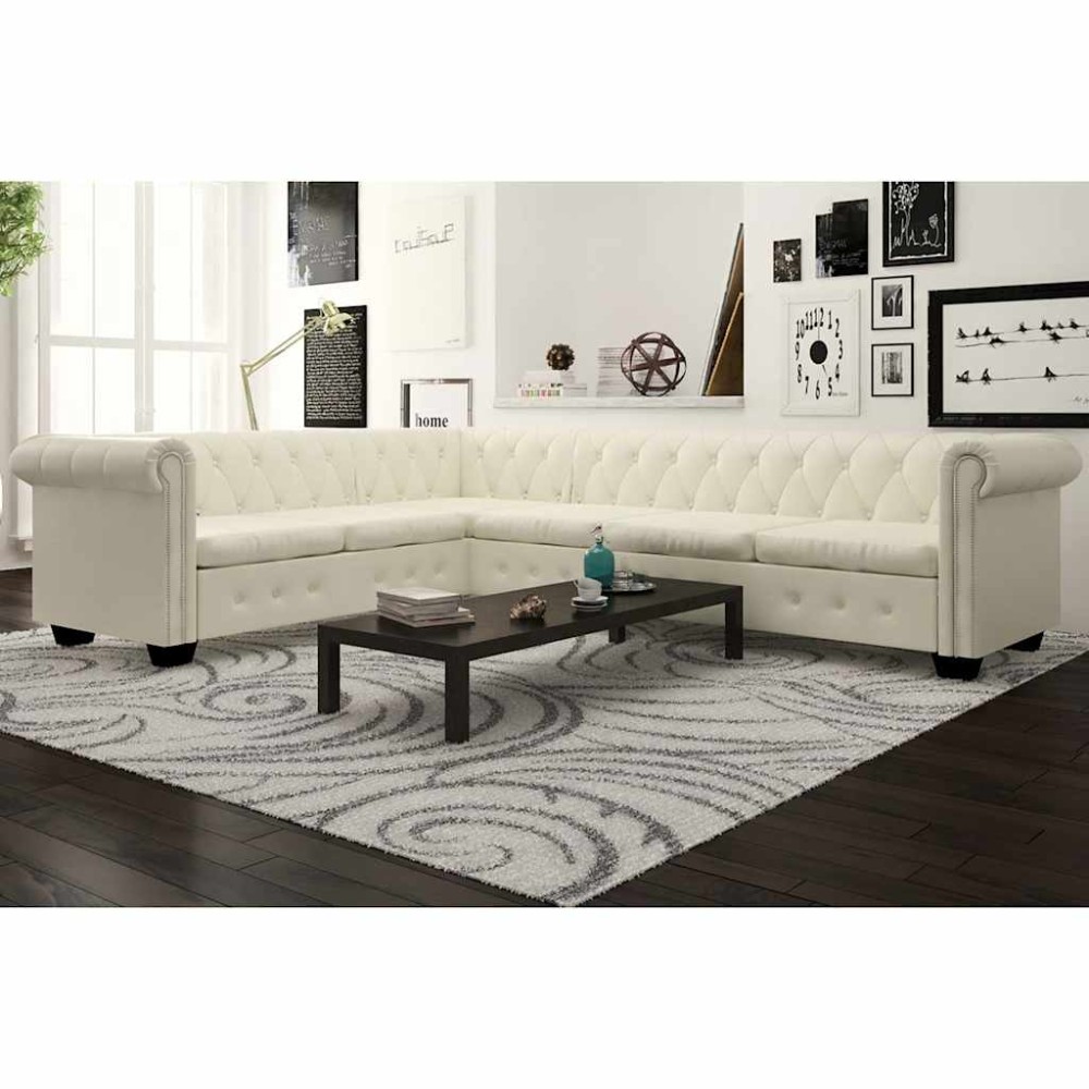 vidaXL Καναπές Γωνιακός Εξαθέσιος Chesterfield Λευκός Συνθετικό Δέρμα