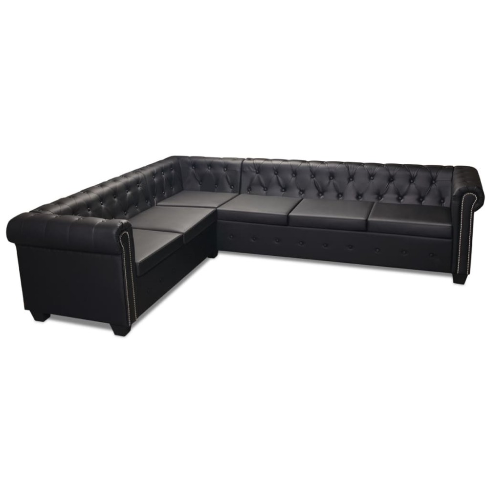 vidaXL Καναπές Γωνιακός Εξαθέσιος Chesterfield Μαύρος Συνθετικό Δέρμα