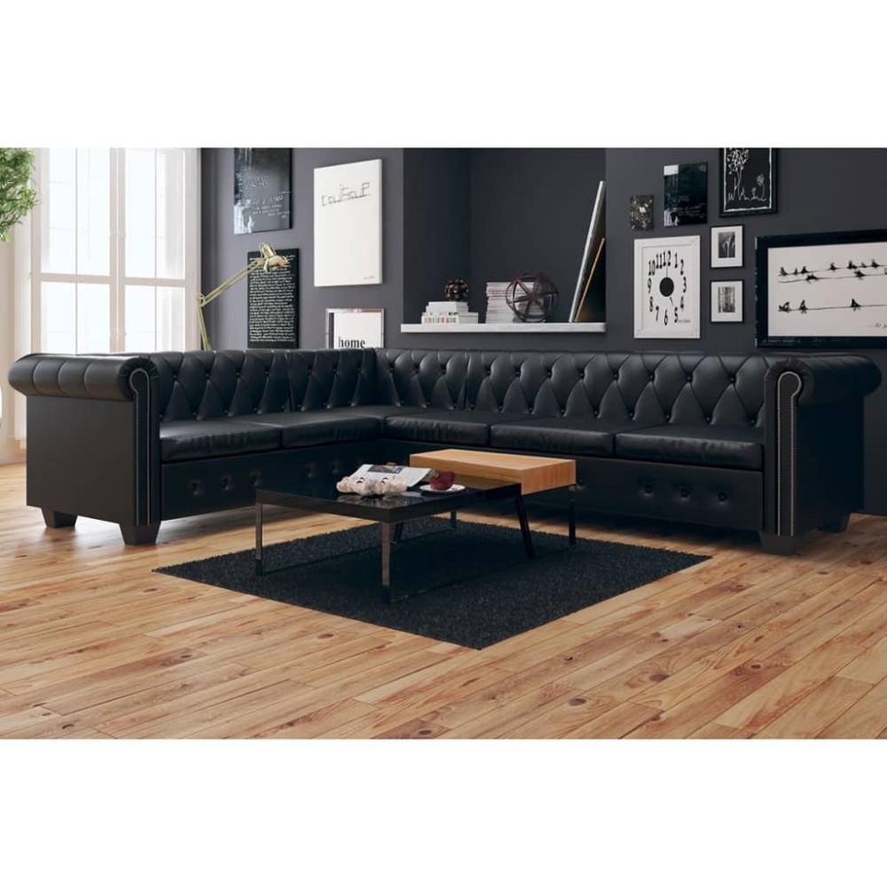 vidaXL Καναπές Γωνιακός Εξαθέσιος Chesterfield Μαύρος Συνθετικό Δέρμα