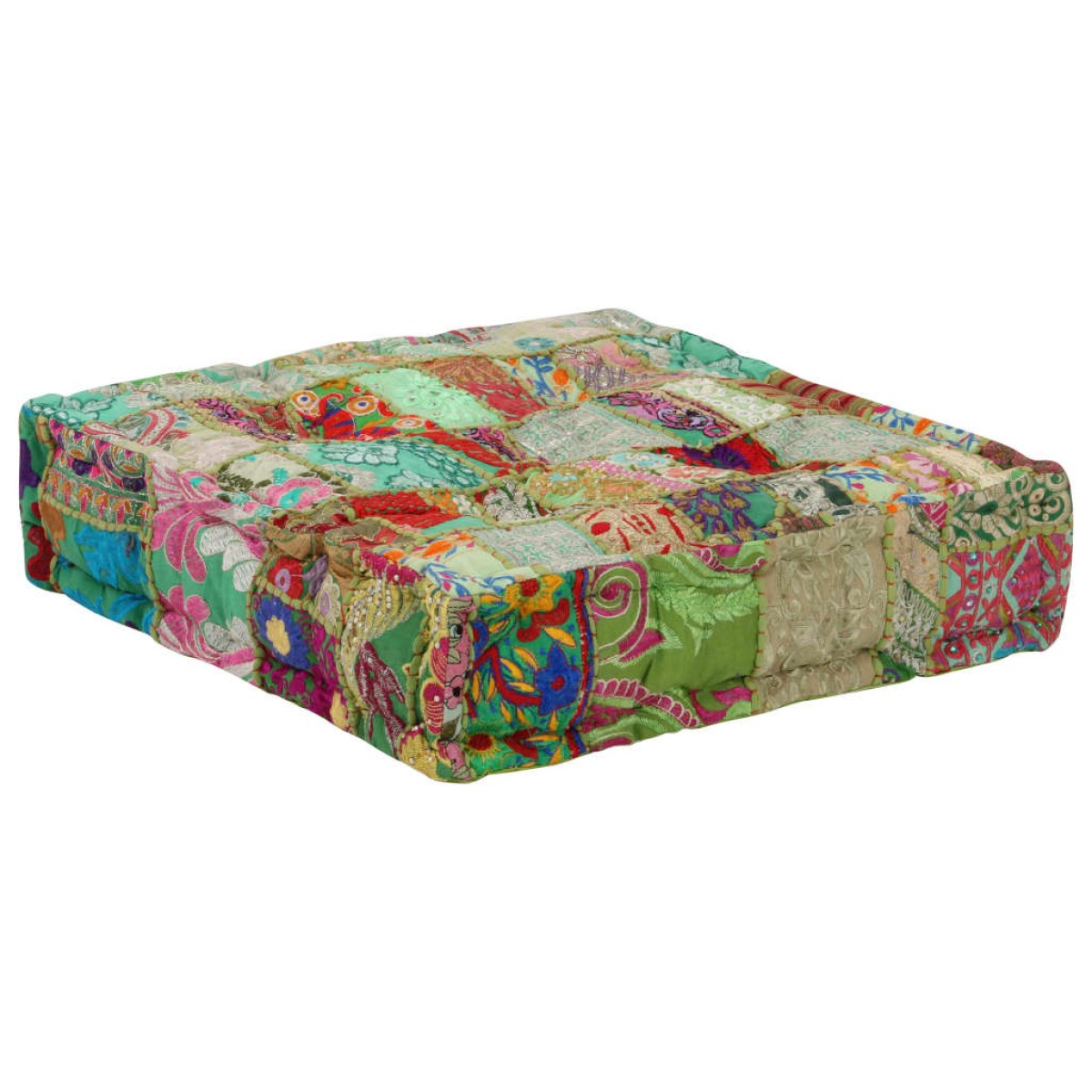 vidaXL Πουφ Patchwork Τετράγωνο Χειροπ. Πράσινο 50x50x12 εκ. Βαμβάκι