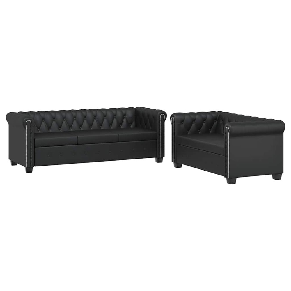 vidaXL Καναπέδες Chesterfield Διθέσιος + Τριθέσιος Μαύρο Συνθ. Δέρμα