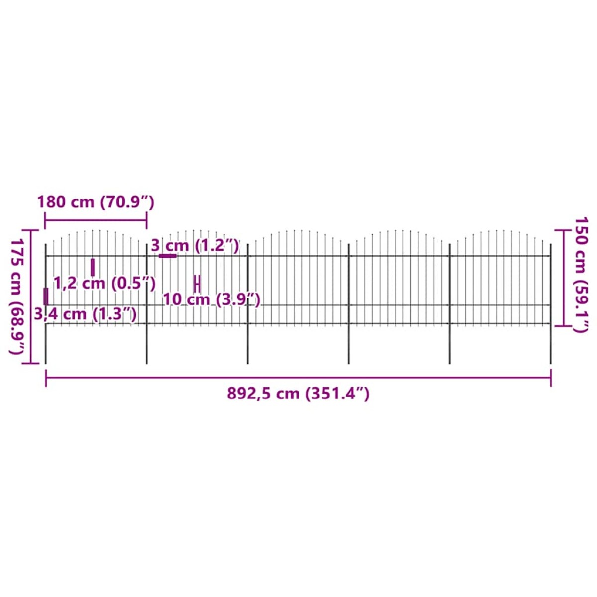 vidaXL Κάγκελα Περίφραξης με Λόγχες Μαύρα (1,5-1,75) x 8,5 μ. Ατσάλινα