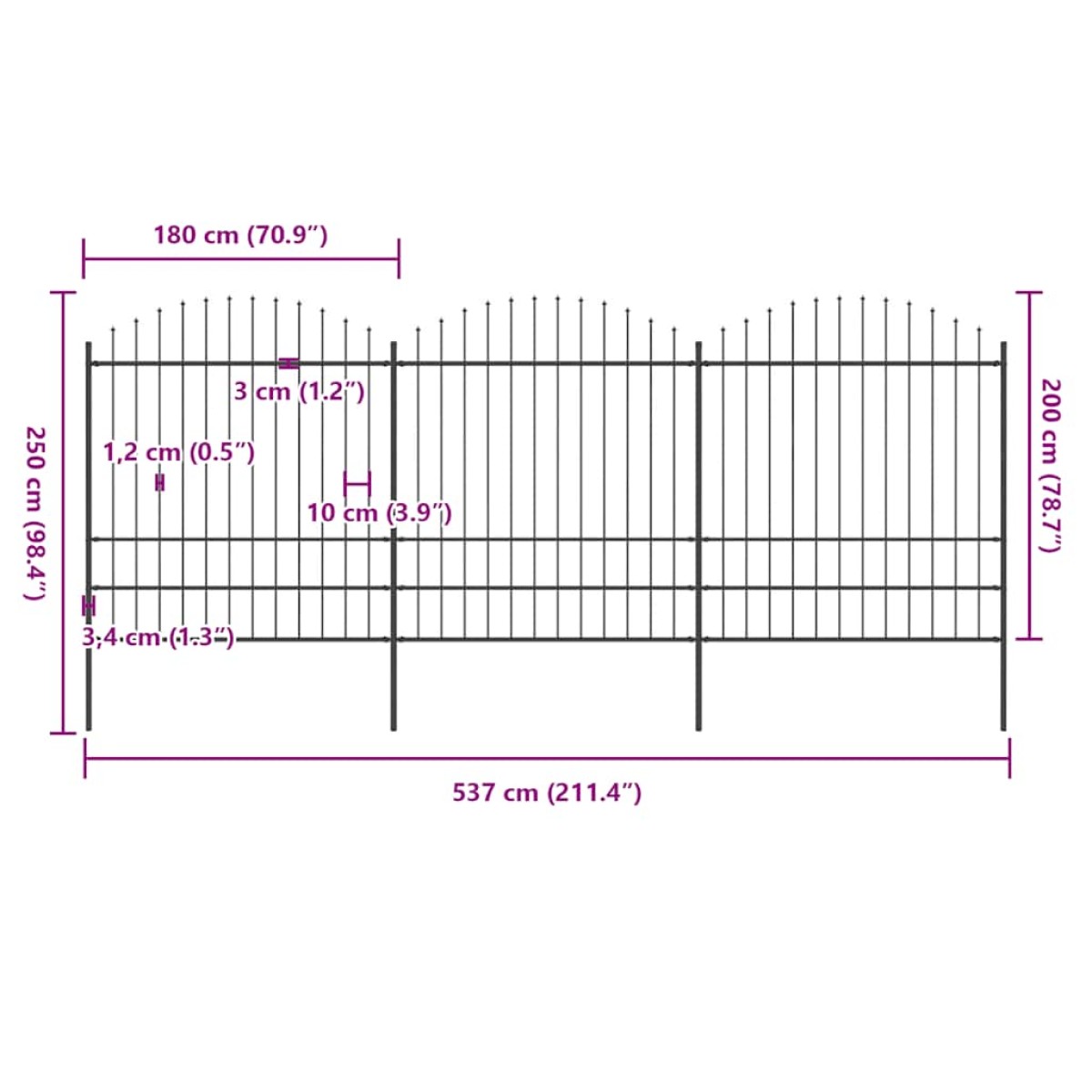 vidaXL Κάγκελα Περίφραξης με Λόγχες Μαύρα (1,75-2) x 5,1 μ. Ατσάλινα