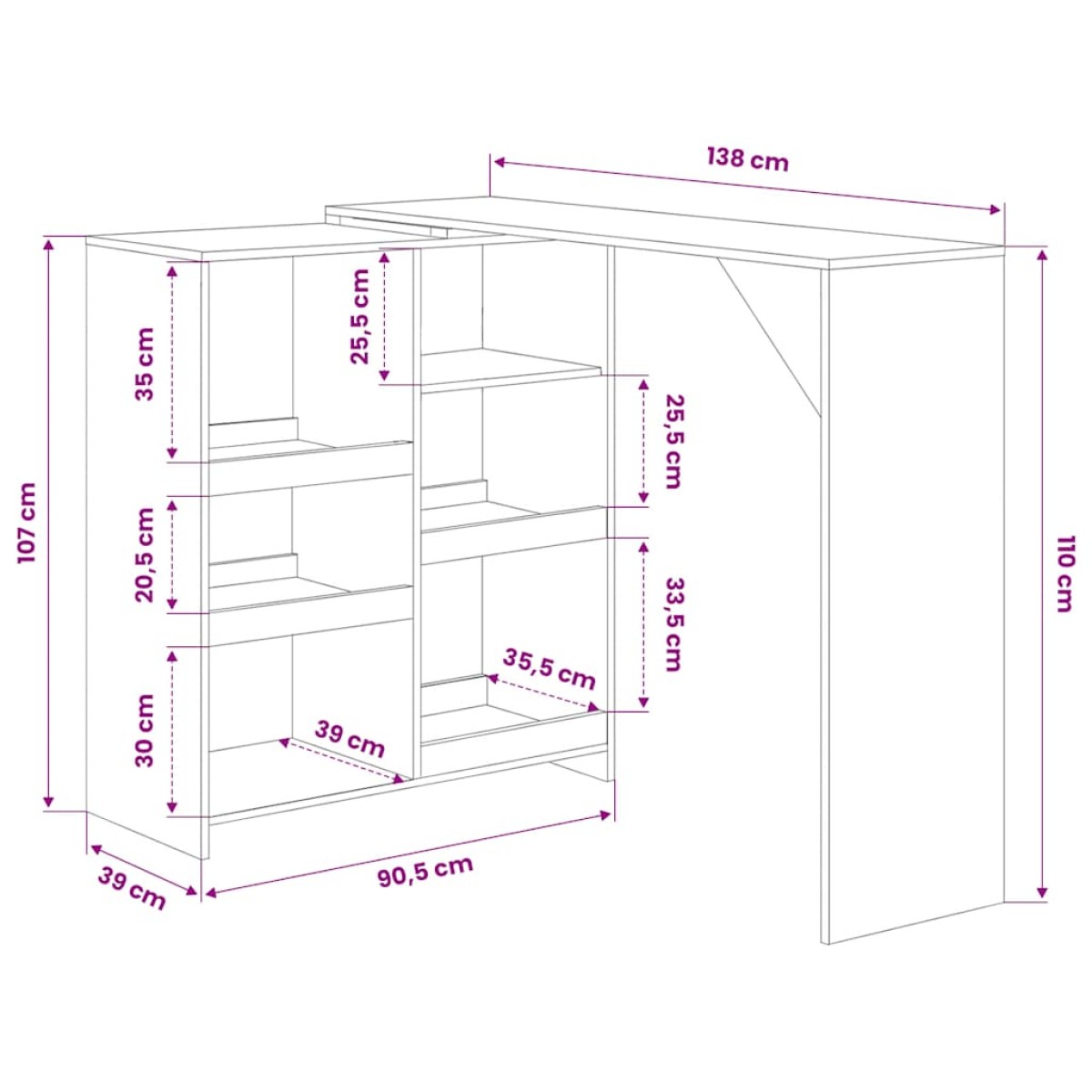 vidaXL Τραπέζι Μπαρ με Κινητή Ραφιέρα Λευκό 138 x 39 x 110 εκ.