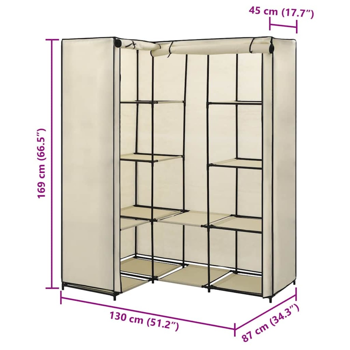 282451 vidaXL Corner Wardrobe Cream 130x87x169 cm