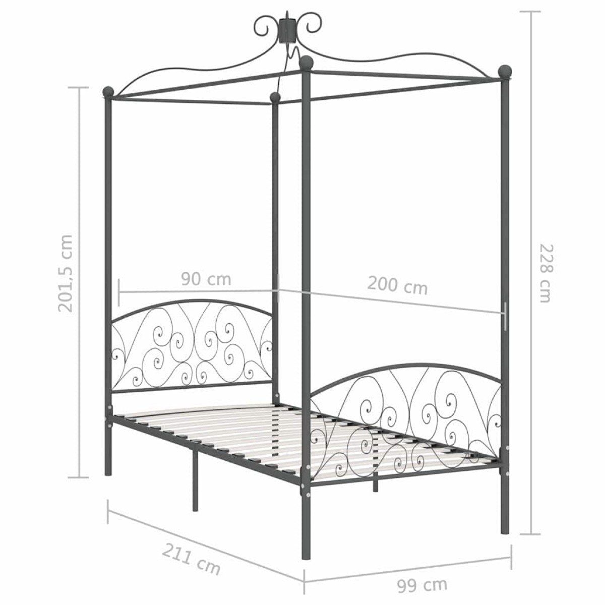 vidaXL Πλαίσιο Κρεβατιού με Ουρανό Γκρι 90 x 200 εκ. Μεταλλικό