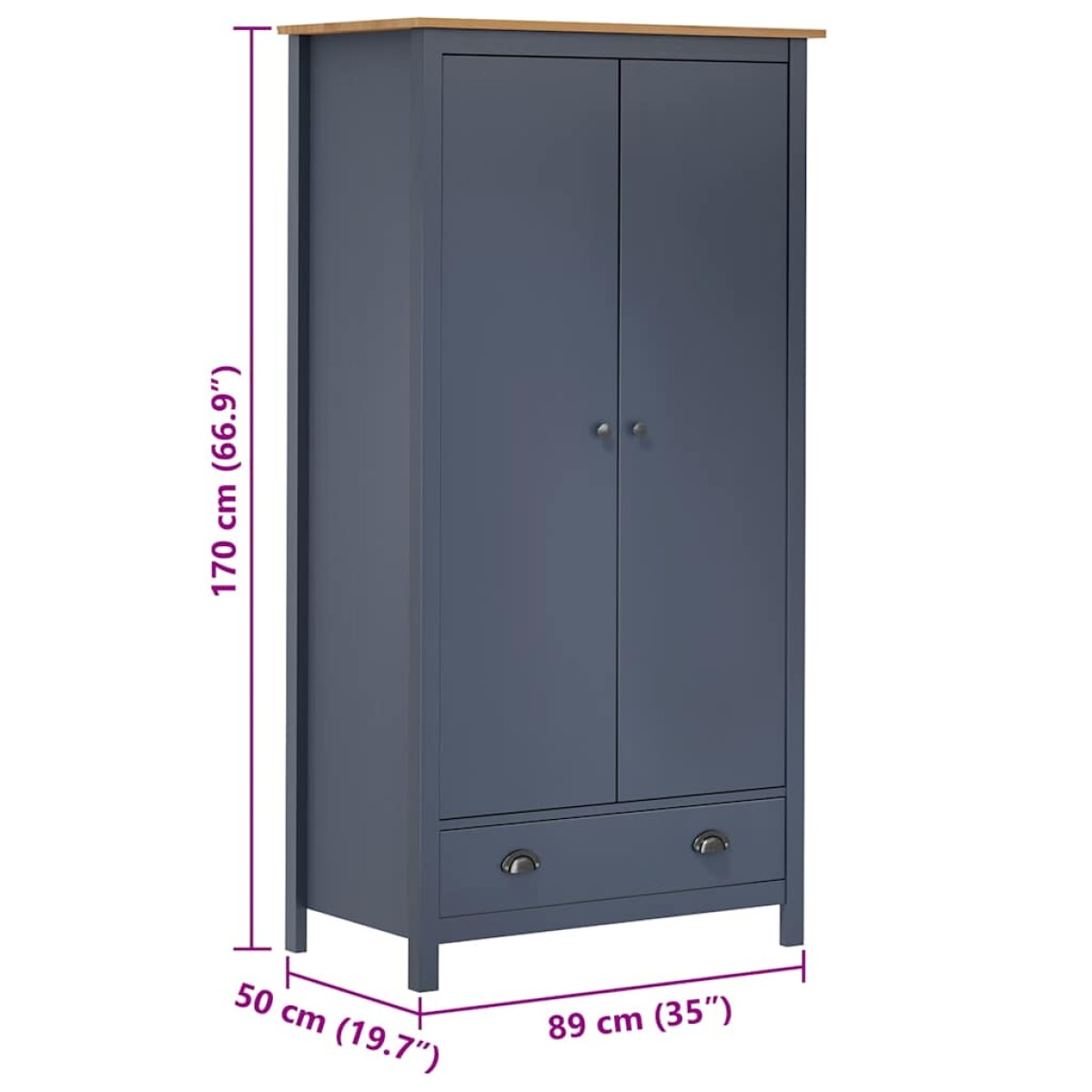 vidaXL Ντουλάπα Hill Δίφυλλη Γκρι 89x50x170 εκ. Μασίφ Ξύλο Πεύκου