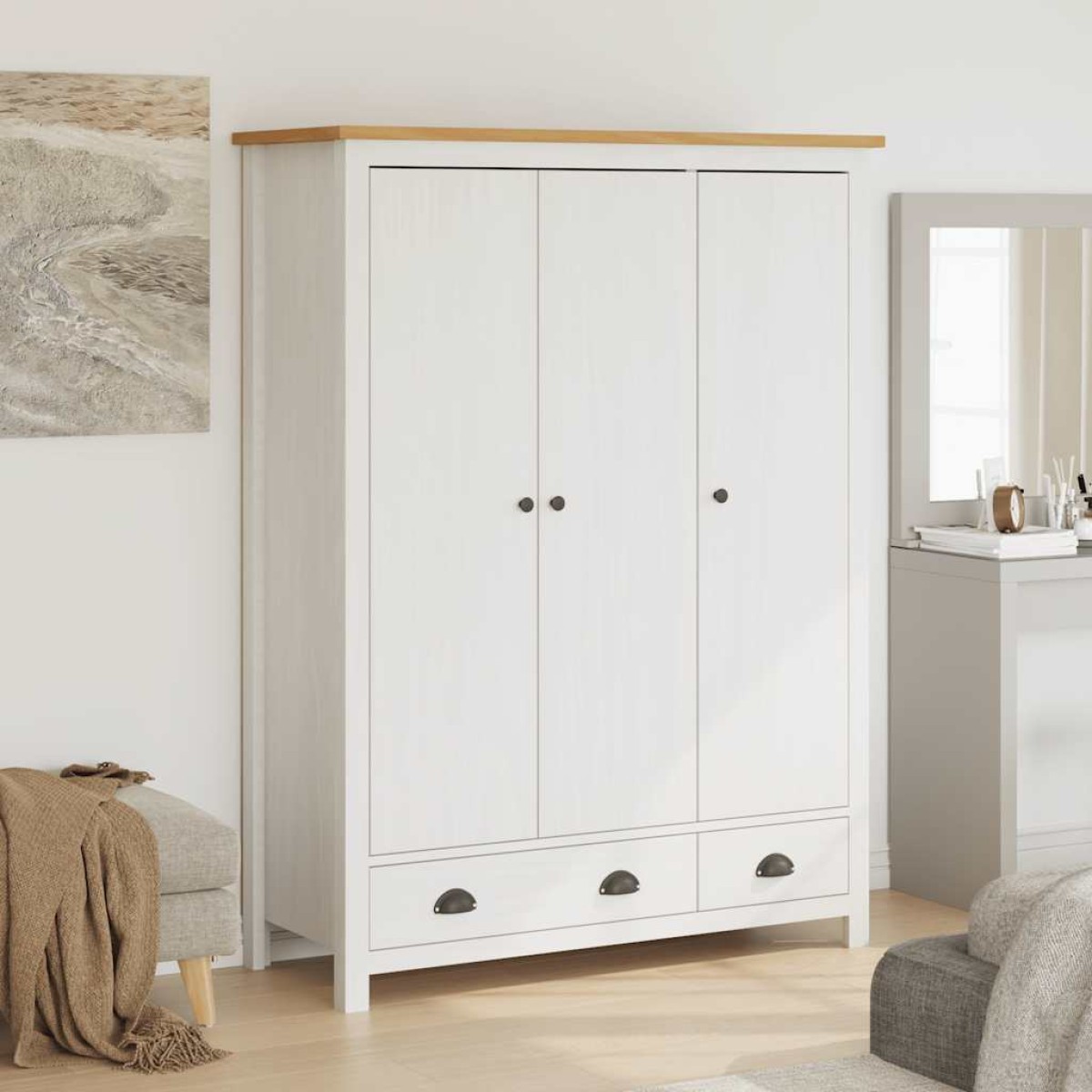vidaXL Ντουλάπα Hill Τρίφυλλη Λευκή 127x50x170 εκ. Μασίφ Ξύλο Πεύκου