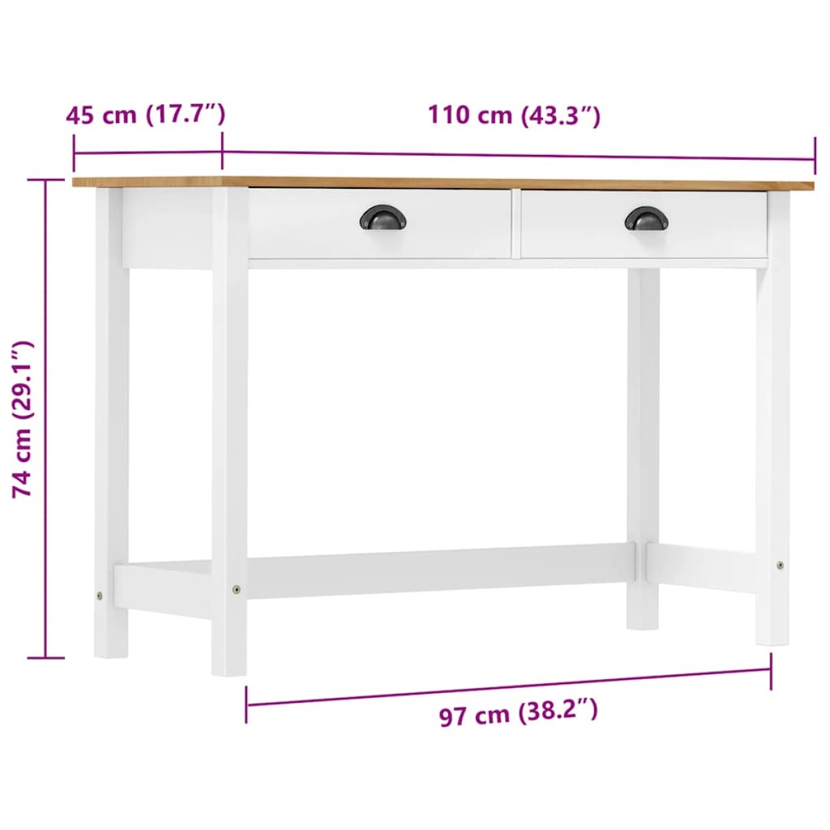 vidaXL Κονσόλα Hill Γκρι 2 Συρτάρια 110x45x74 εκ από Μασίφ Ξύλο Πεύκου