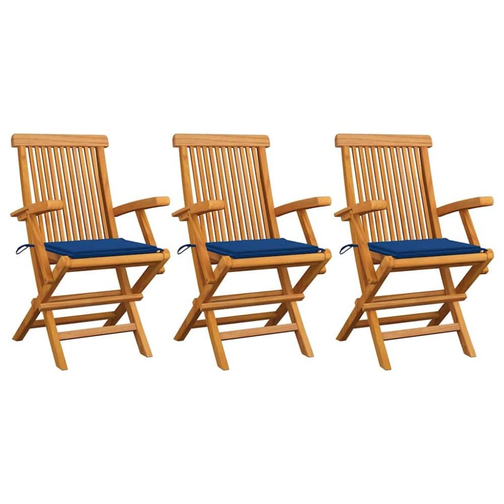 vidaXL Πτυσσόμενες καρέκλες με μαξιλάρια Royal Blue 3 τεμ. από μασίφ ξύλο τικ