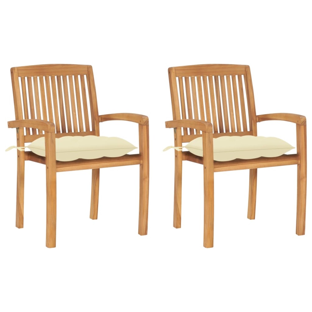 vidaXL Καρέκλες Κήπου 2 τεμ. από Μασίφ Ξύλο Teak με Λευκά Κρεμ Μαξιλάρια