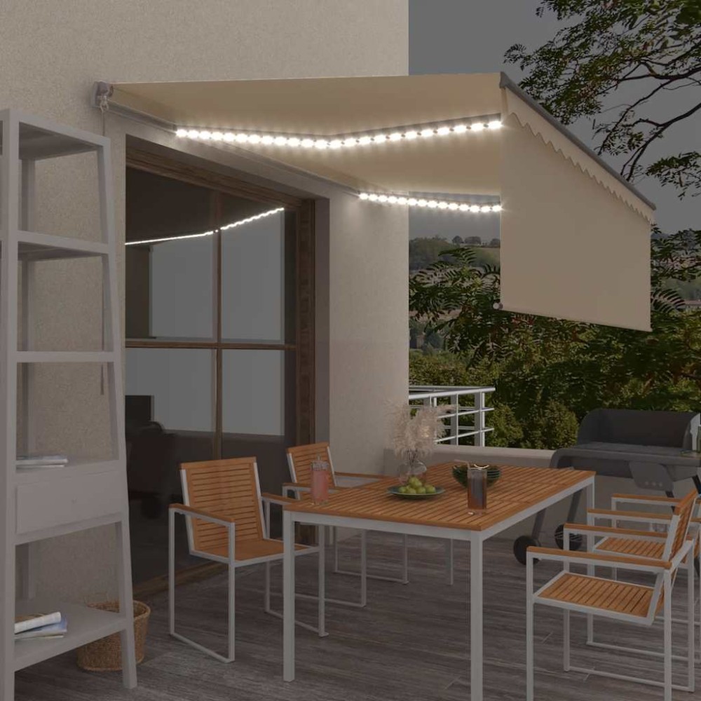 vidaXL Τέντα Συρόμενη Χειροκίνητη με Σκίαστρο & LED Κρεμ 4 x 3 μ.
