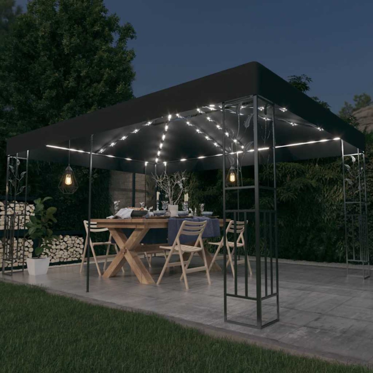 vidaXL Κιόσκι με Διπλή Οροφή και Φωτάκια LED Ανθρακί 3 x 4 μ.