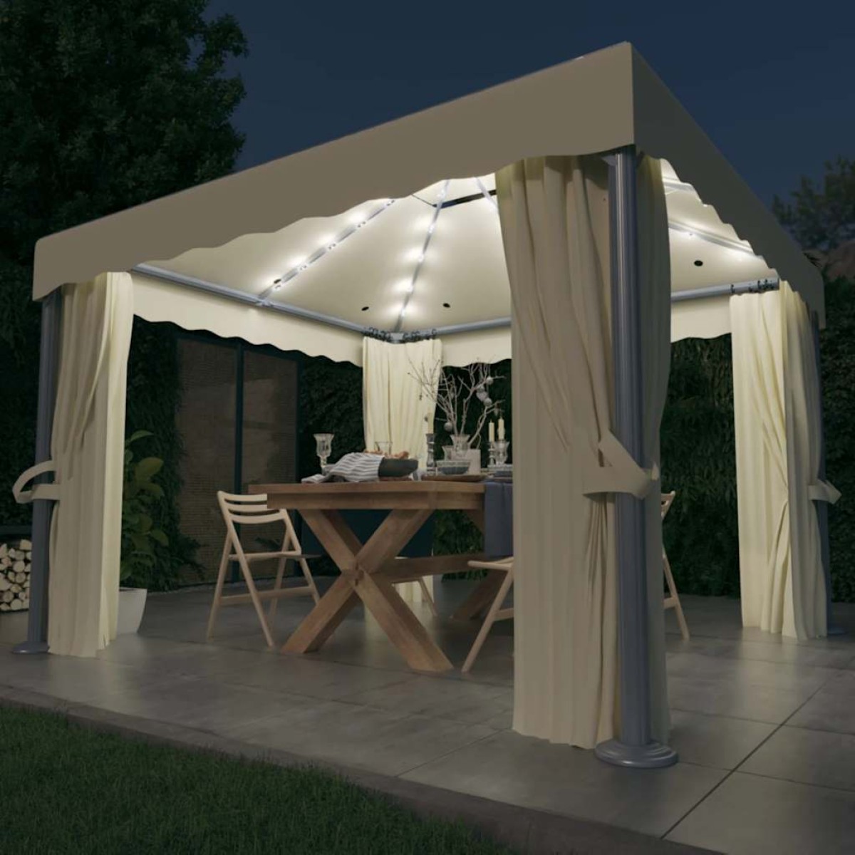 vidaXL Κιόσκι με Κουρτίνα και Φωτάκια LED Λευκό Κρεμ 3 x 3 μ.