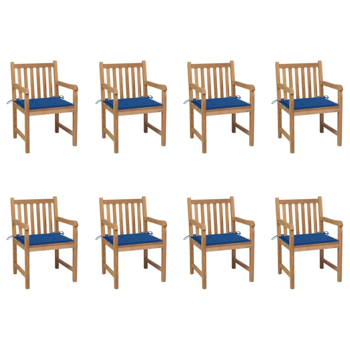 vidaXL Καρέκλες Κήπου 8 Τεμαχίων Μασίφ Ξύλο Teak & Μπλε Ρουά Μαξιλάρια