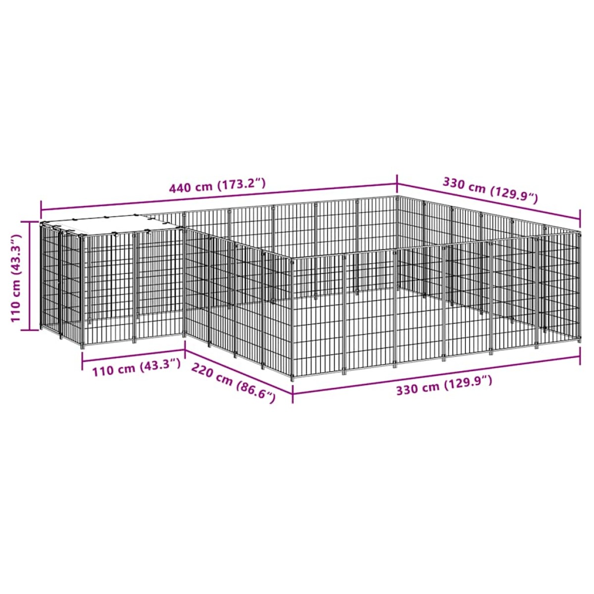 vidaXL Σπιτάκι Σκύλου Μαύρο 12,1 μ² Ατσάλινο