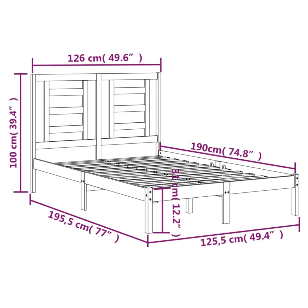 vidaXL Πλαίσιο Κρεβατιού 120 x 190 εκ. από Μασίφ Ξύλο Small Double