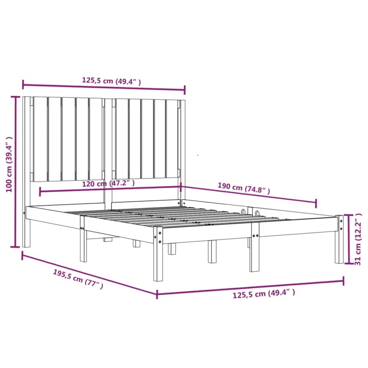 vidaXL Πλαίσιο Κρεβατιού 120 x 190 εκ. από Μασίφ Ξύλο Small Double