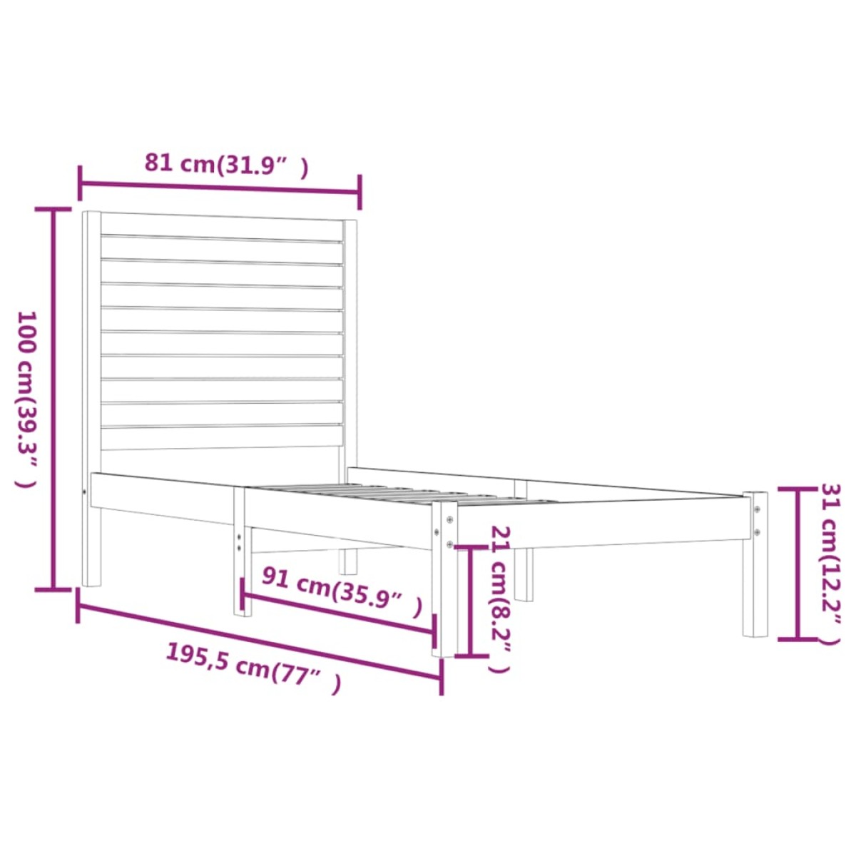 vidaXL Πλαίσιο Κρεβατιού Λευκό 75x190 εκ. Μασίφ Ξύλο Small Single