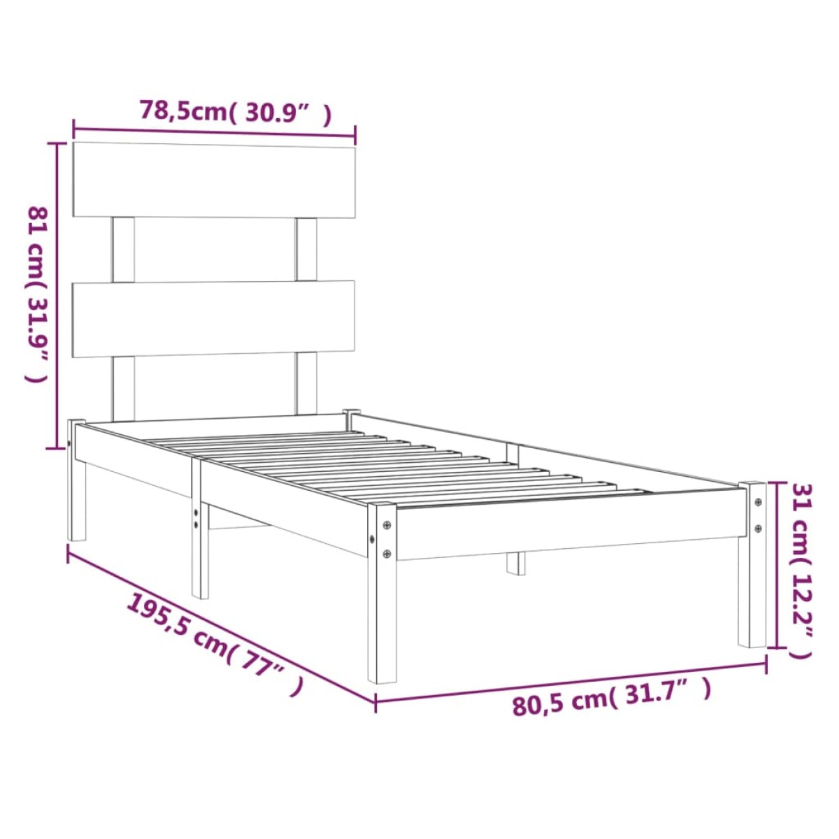 vidaXL Πλαίσιο Κρεβατιού 75 x 190 εκ. από Μασίφ Ξύλο Small Single