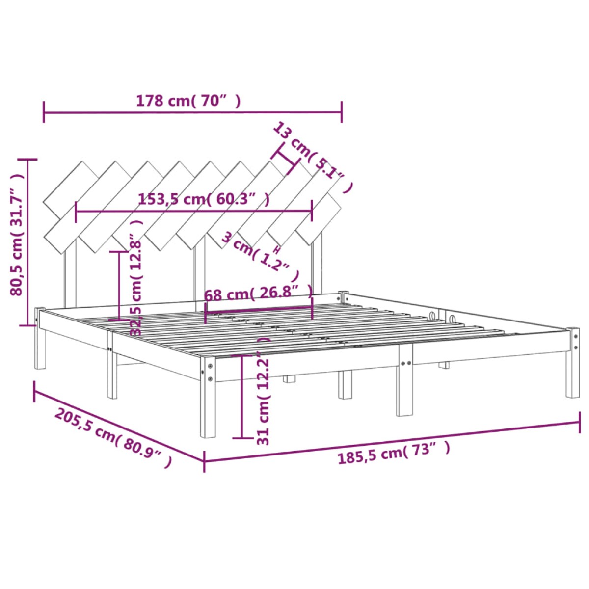 vidaXL Πλαίσιο Κρεβατιού Λευκό 180 x 200 εκ. Μασίφ Ξύλο Super King