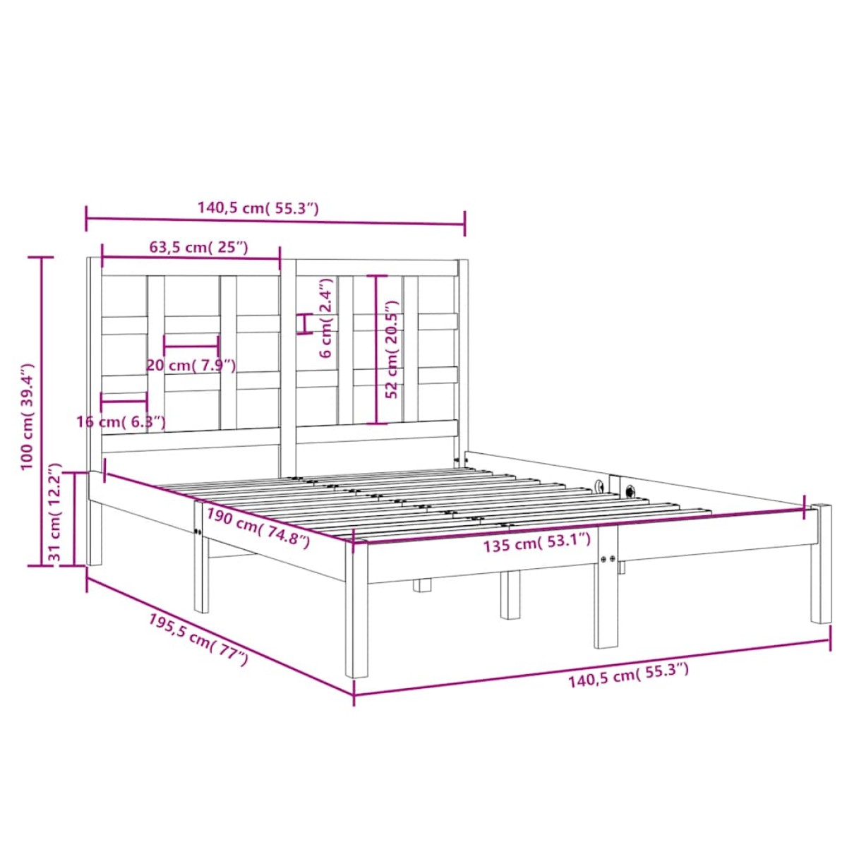vidaXL Πλαίσιο Κρεβατιού 135 x 190 εκ. από Μασίφ Ξύλο Double