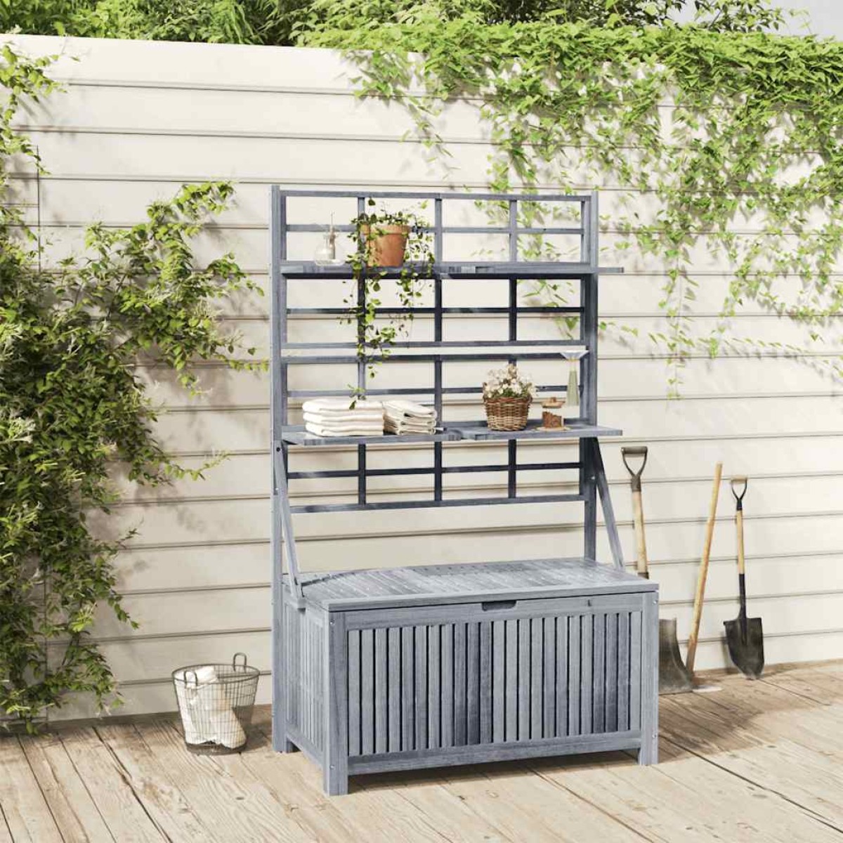 vidaXL Μπαούλο Αποθήκευσης Καφασωτό Γκρι 99x55x160 Μασίφ Ξύλο Ακακίας