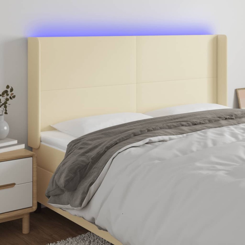 vidaXL Κεφαλάρι Κρεβατιού LED Κρεμ 203x16x118/128 εκ. Συνθετ. Δέρμα