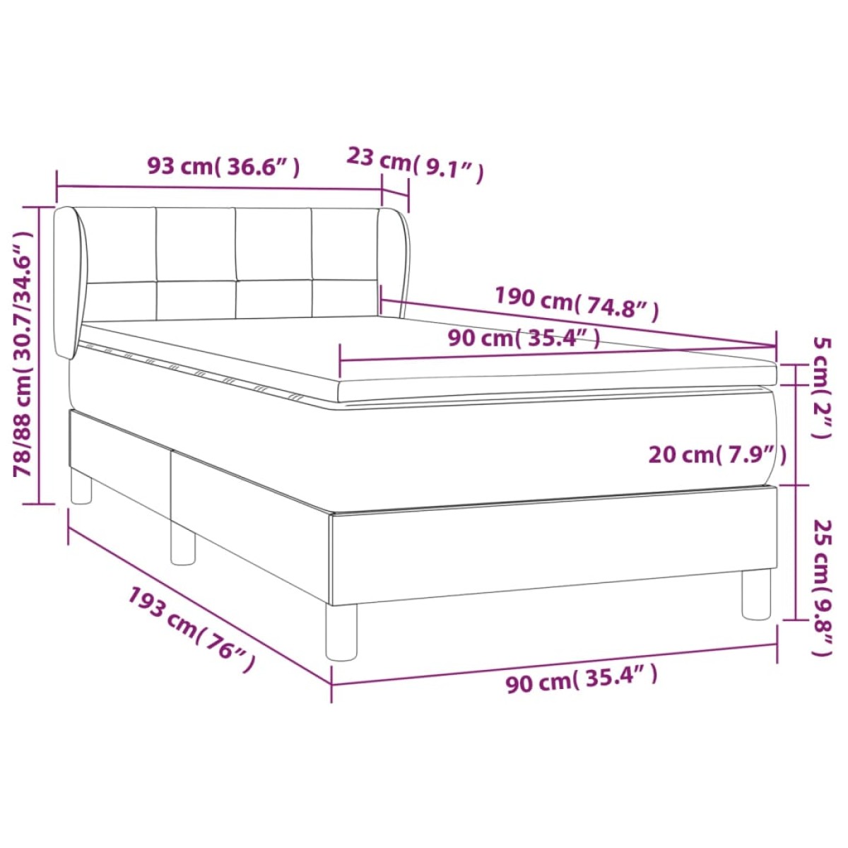 vidaXL Κρεβάτι Boxspring με Στρώμα Μπλε 90x190 εκ.Υφασμάτινο