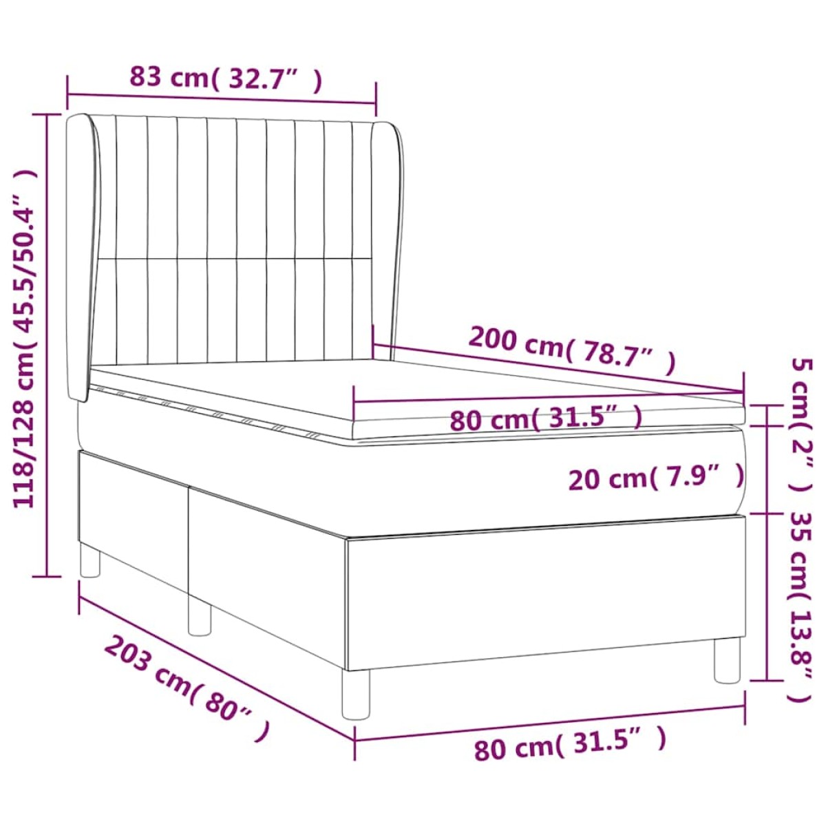vidaXL Κρεβάτι Boxspring με Στρώμα Μαύρο 80 x 200 εκ. Υφασμάτινο