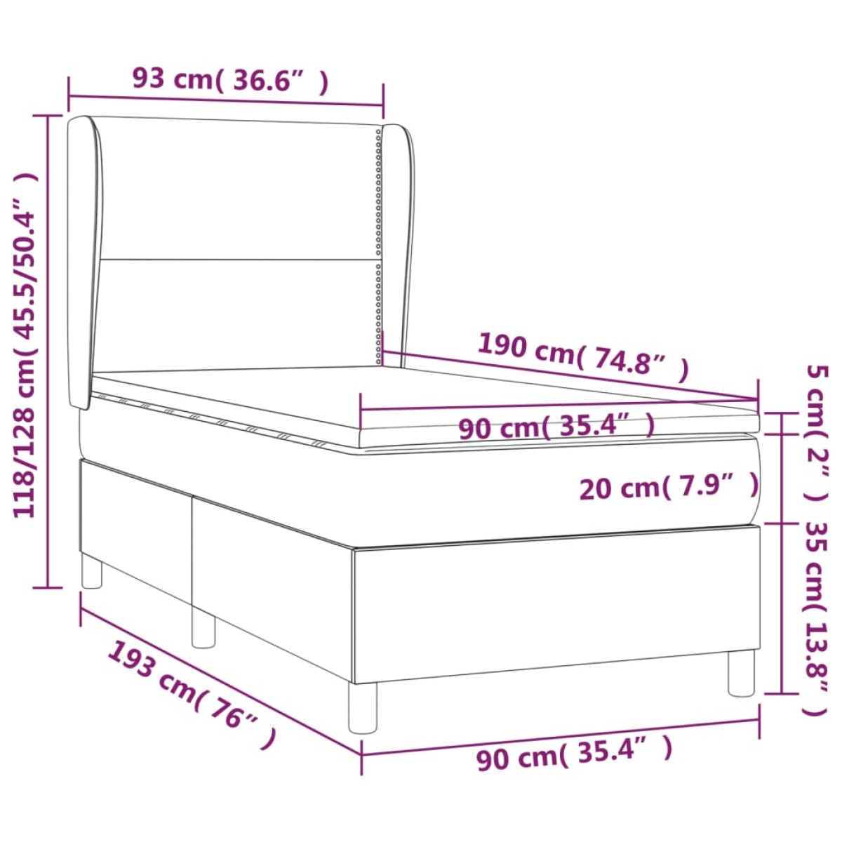 vidaXL Κρεβάτι Boxspring με Στρώμα Μαύρο 90x190εκ. από Συνθετικό Δέρμα