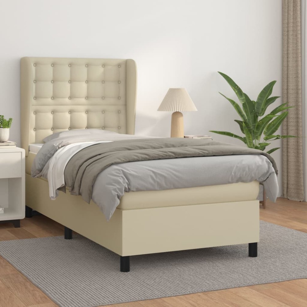 vidaXL Κρεβάτι Boxspring με Στρώμα Κρεμ 90x190 εκ. από Συνθετικό Δέρμα