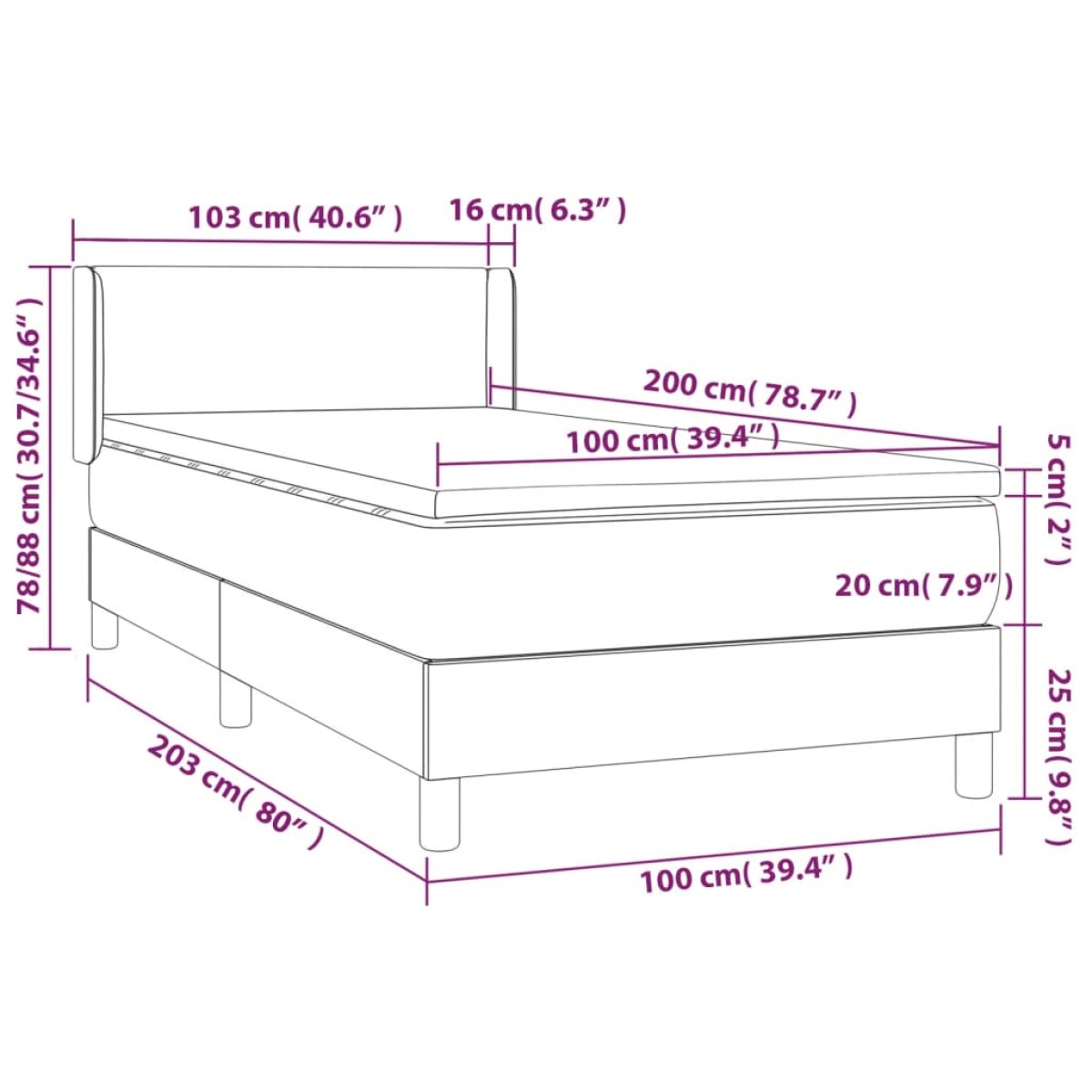 vidaXL Κρεβάτι Boxspring με Στρώμα Σκούρο Γκρι 100x200 εκ. Υφασμάτινο
