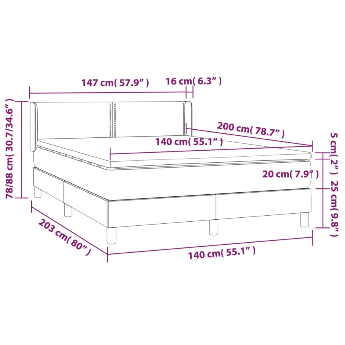 vidaXL Κρεβάτι Boxspring με Στρώμα Μαύρο 140x200 εκ. Υφασμάτινο