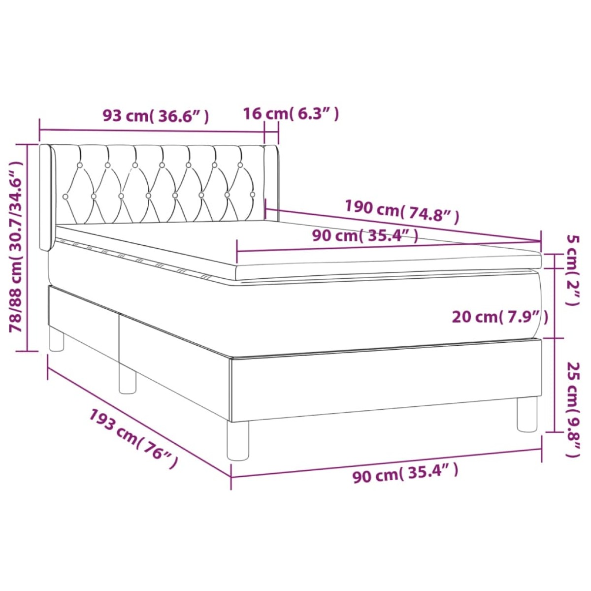 vidaXL Κρεβάτι Boxspring με Στρώμα Μπλε 90x190 εκ.Υφασμάτινο
