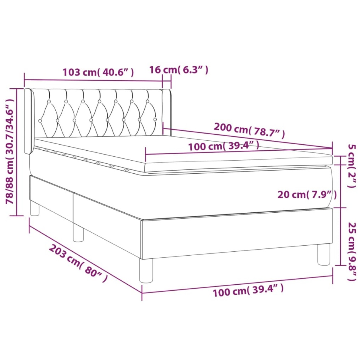 vidaXL Κρεβάτι Boxspring με Στρώμα Μπλε 100 x 200 εκ. Υφασμάτινο