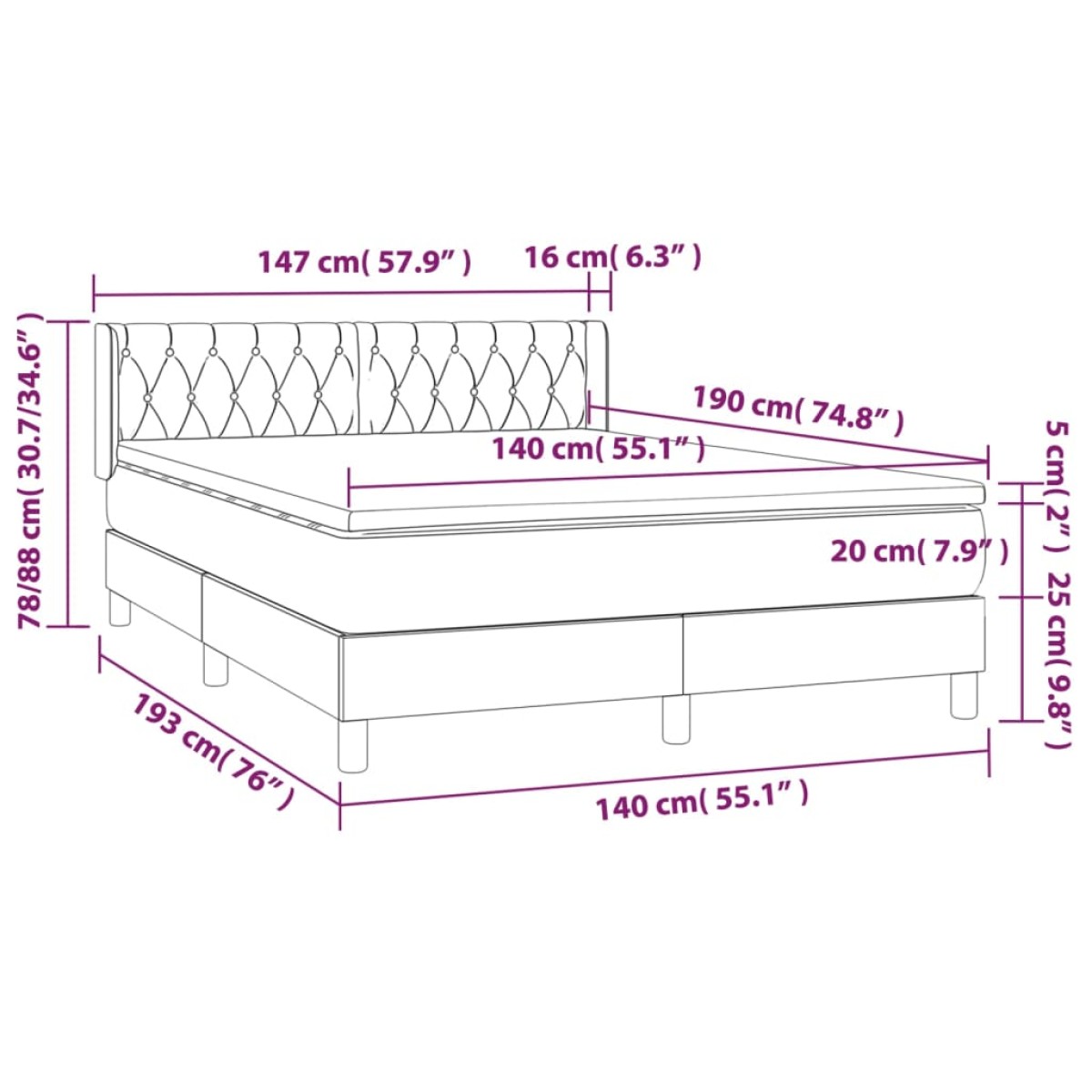 vidaXL Κρεβάτι Boxspring με Στρώμα Μπλε 140x190 εκ. Υφασμάτινο